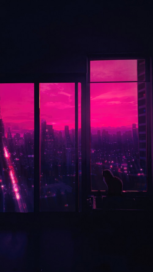 Cat silhouetted against a vibrant pink synthwave cityscape