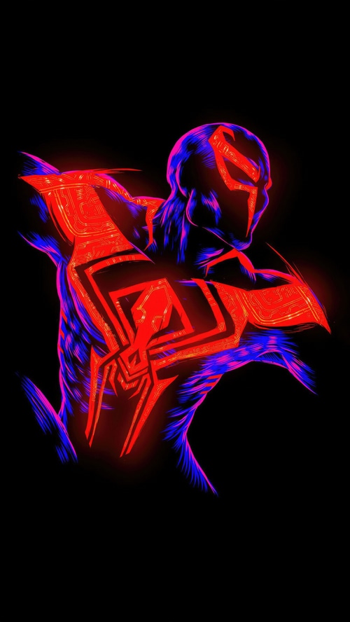 Spider-Man 2099 artwork with red and blue neon glow