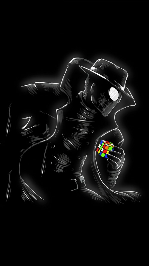 Spider-Man Noir holding a Rubik's Cube