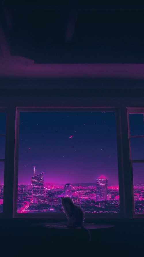 Cat looking at a synthwave cityscape at night