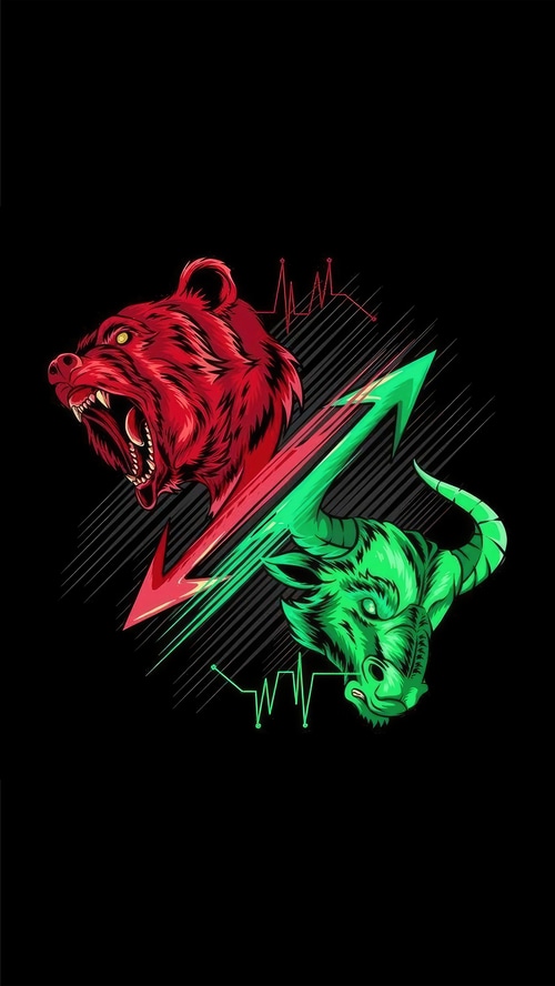 Red Bear and Green Bull with Stock Market Arrows