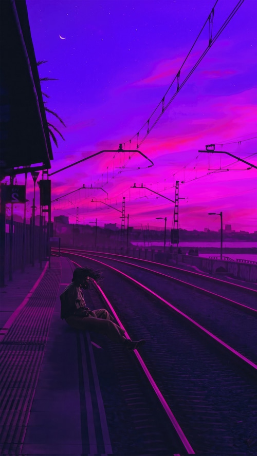 Synthwave train station at sunset with a lone figure