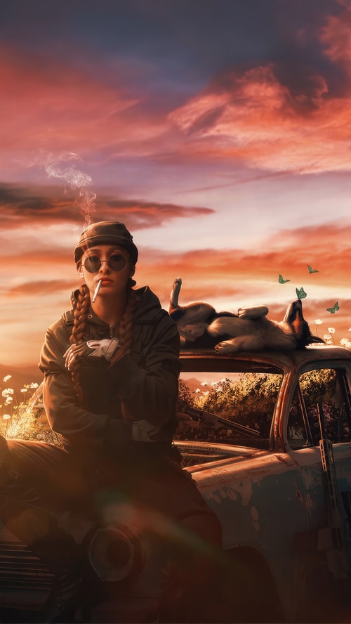 Woman smoking on a car with a dog and butterflies