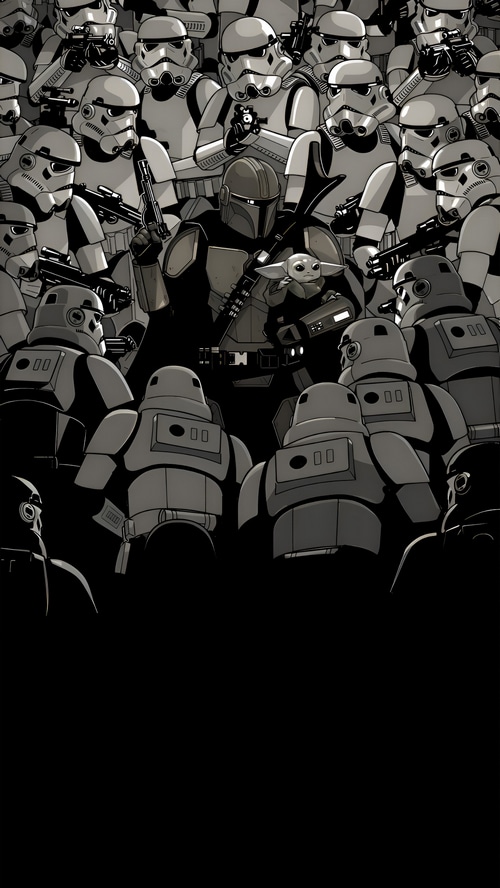 The Mandalorian and Grogu surrounded by Stormtroopers