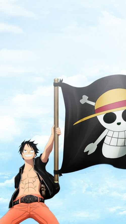 Monkey D. Luffy holding the Straw Hat Pirates flag
