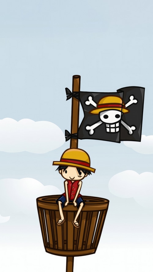 Monkey D. Luffy sitting in a crow's nest with a Jolly Roger flag