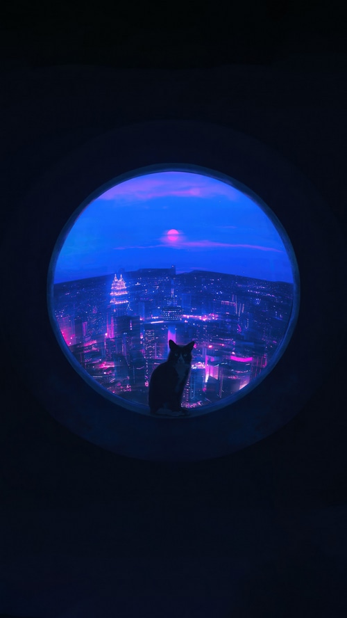 Cat looking at a neon city at night through a window
