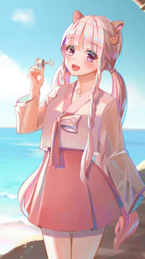 Anime girl blowing bubbles at the beach