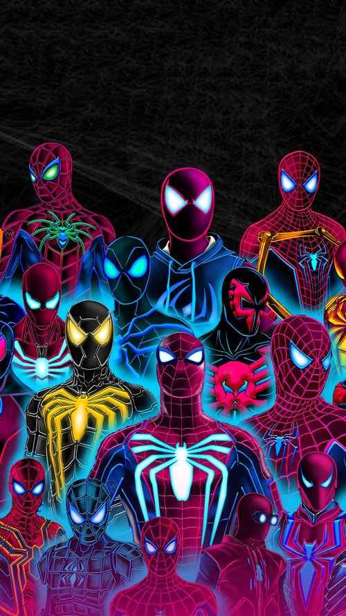 Artwork of multiple Spiderman characters in neon colors