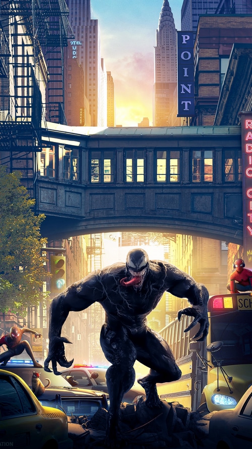 Venom and Spider-Man in a city street