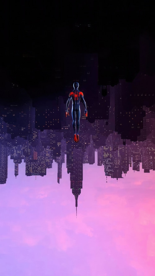 Spider-Man floating above a city at night