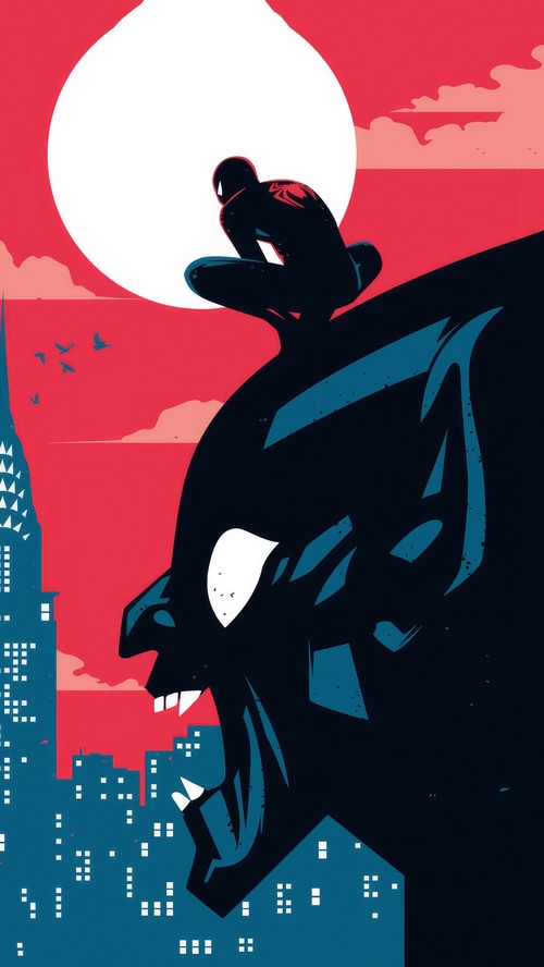 Spiderman crouches on a building overlooking a city at night