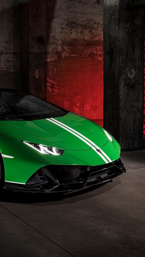 Green Lamborghini Huracan Evo Spyder with White Stripes