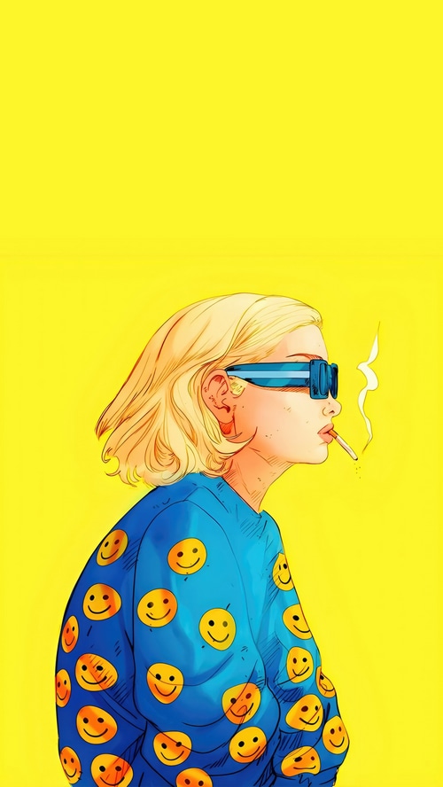 Girl with smiley face hoodie and sunglasses smoking