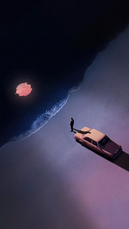 Man and car on a beach at night