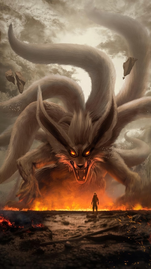 Kurama the Nine-Tailed Fox confronts a lone figure