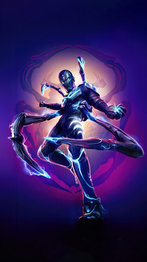 Blue Beetle superhero with mechanical arms