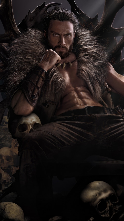 Kraven the Hunter sitting on a throne of skulls and antlers