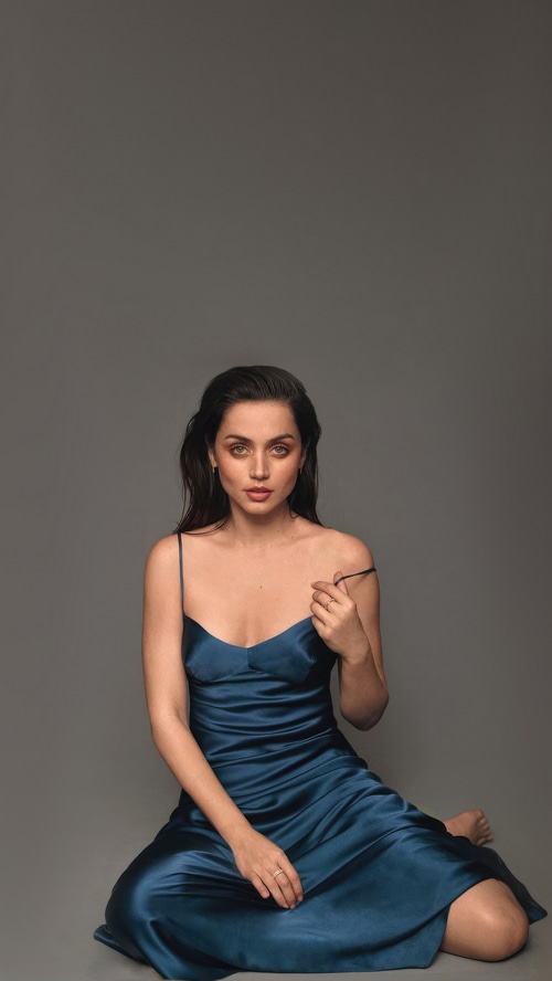 Ana de Armas in a blue satin dress