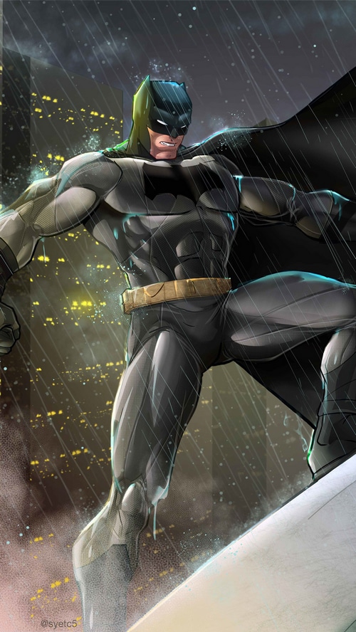 Batman in the rain on a rooftop