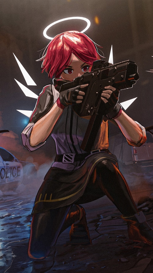 Artwork of a girl with a gun and halo