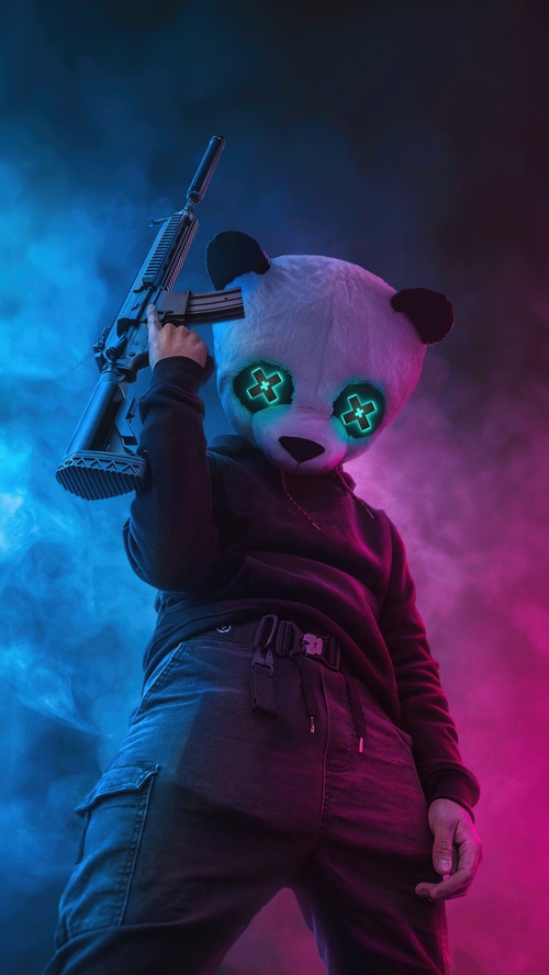 Panda with glowing eyes holding a rifle