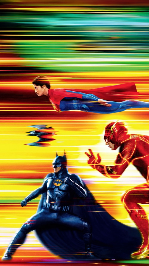 The Flash, Batman, and Superman in motion