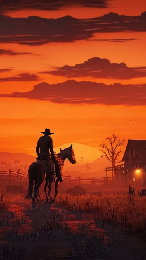 Red Dead Redemption 2 cowboy on horseback at sunset