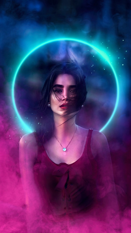 Digital art of a woman with a neon halo