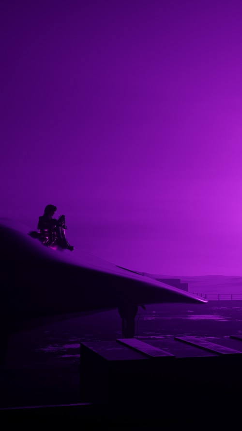 Artwork of a person sitting on a futuristic structure
