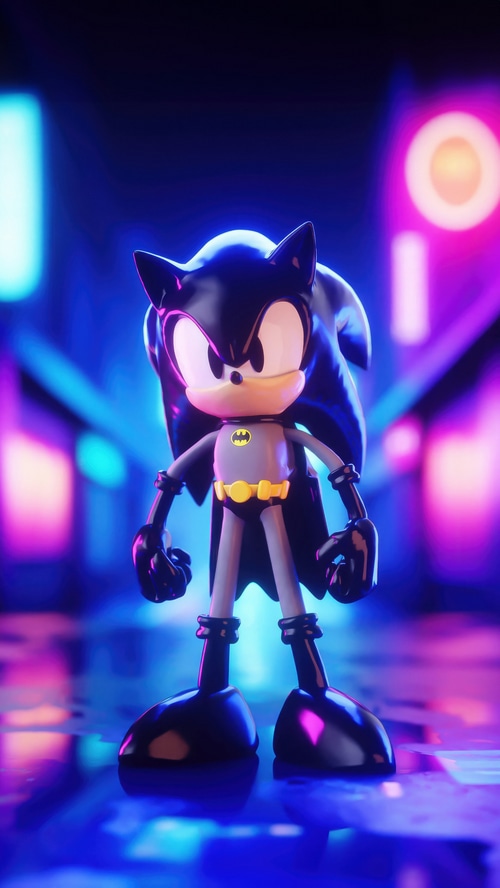 Sonic the Hedgehog as Batman in a neon city