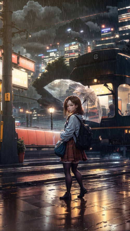Anime girl with umbrella in the rain at night