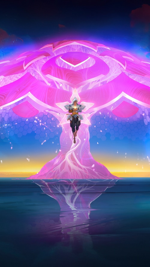 A man stands within a large pink tree structure over water