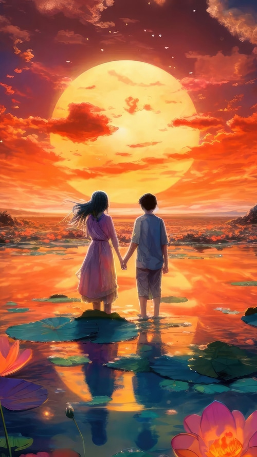 Couple holding hands at sunset with lotus flowers