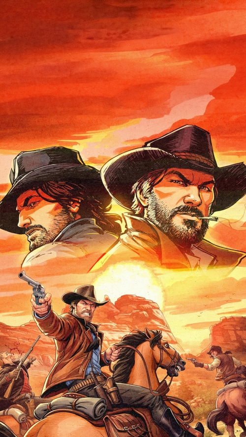 Red Dead Redemption 2 artwork with cowboys in a shootout
