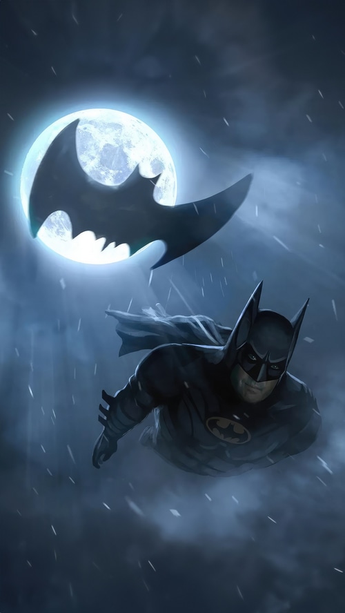 Batman flying in front of the moon