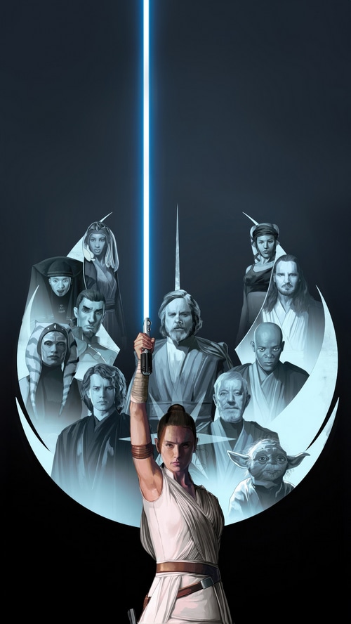 Star Wars characters with Rey holding a lightsaber
