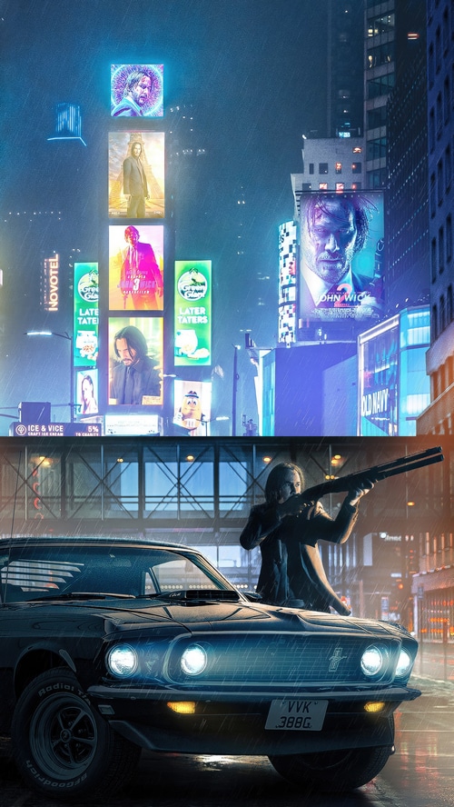John Wick in a Rainy City with a Classic Car