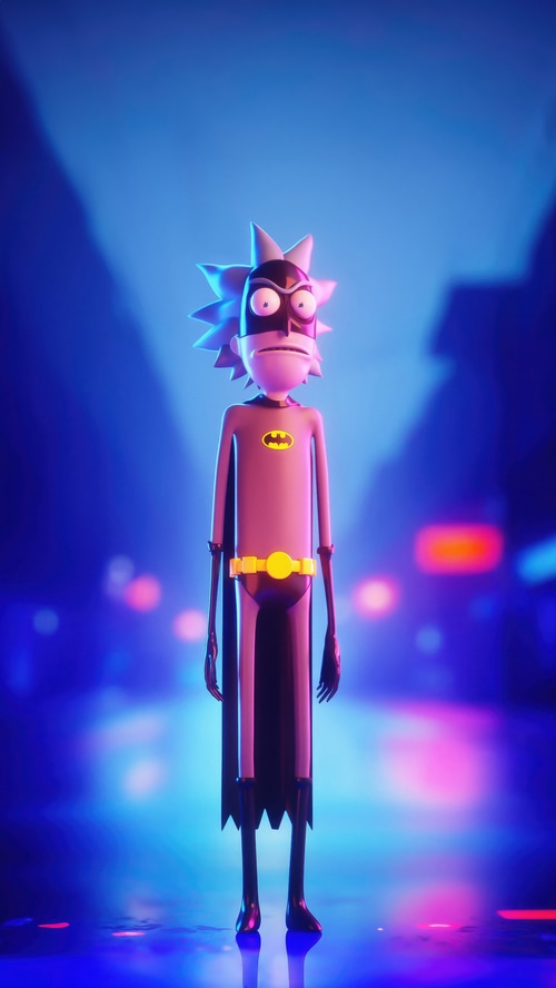 Rick Sanchez as Batman in a neon city