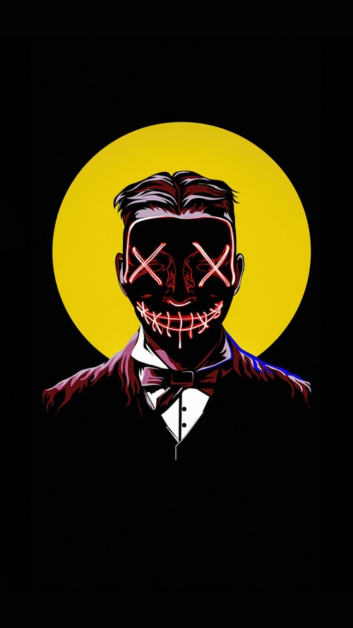 Man in a mask with red neon eyes and mouth