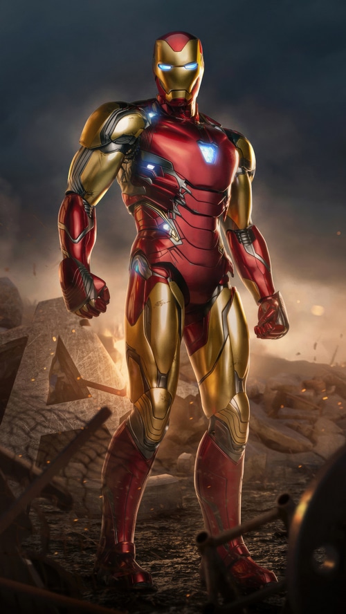 Iron Man standing in a destroyed landscape