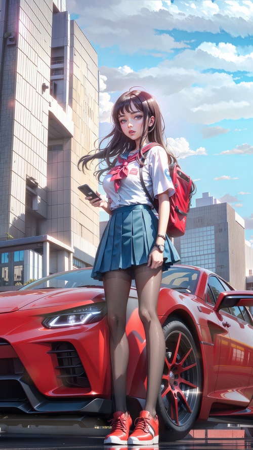 Anime girl with red backpack and sports car