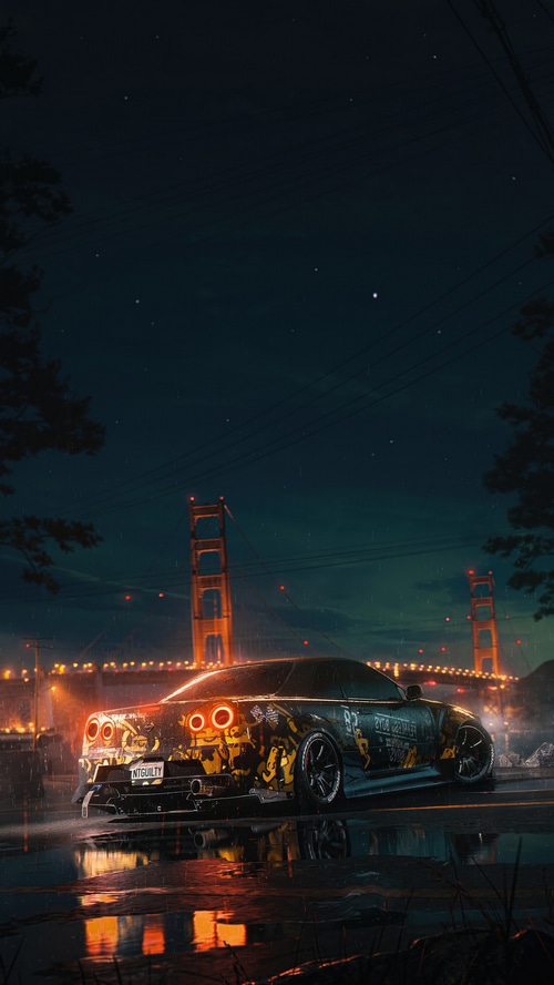 Nissan GTR on a wet road at night with bridge