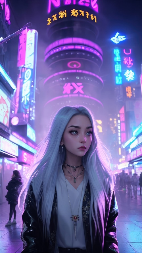 Scifi artwork of a girl in a neon city