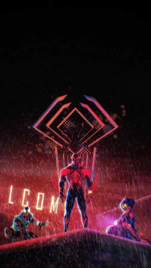 Spider-Man 2099 and allies in a neon-lit city