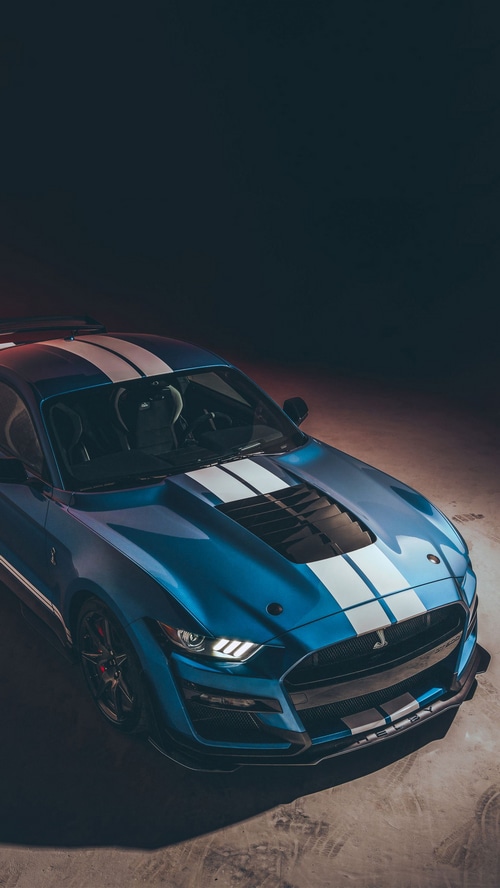 Blue Ford Mustang Shelby GT500 with White Stripes