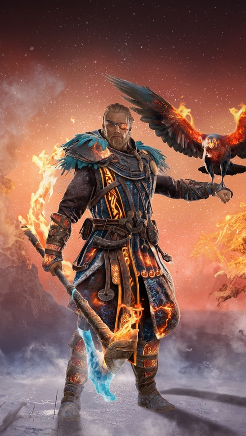 Eivor holding a flaming axe with a bird