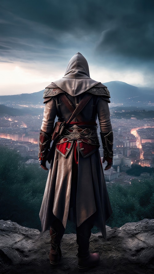 Assassin's Creed character overlooking a city at dusk