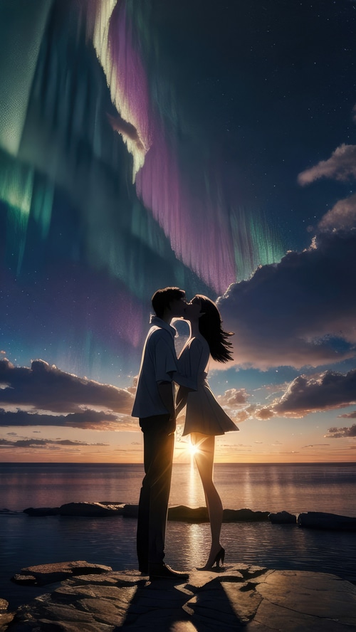 Couple kissing under the aurora borealis