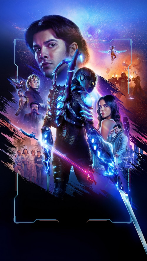Blue Beetle and his allies in a futuristic city
